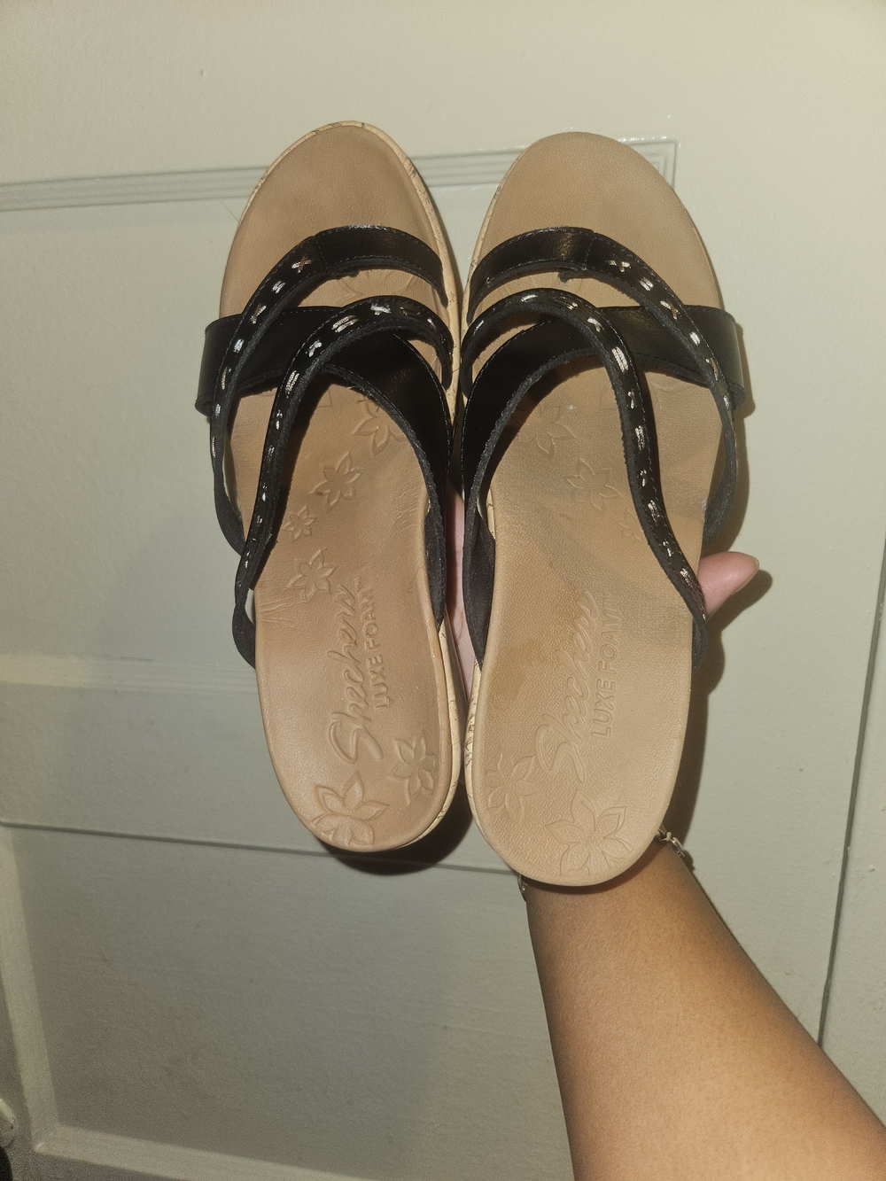 Skechers Black Strappy Slip-On Sandals with Tan Footbed